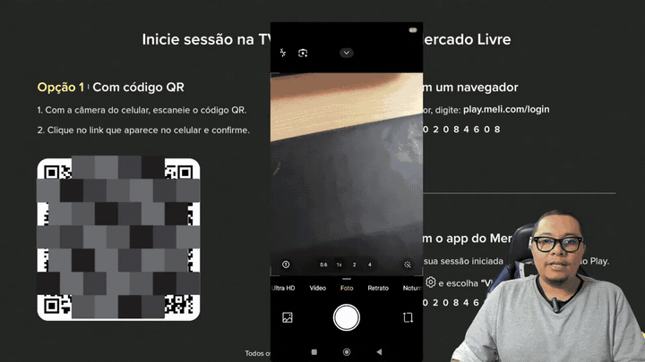 Login do Mercado Play com código QR na televisão