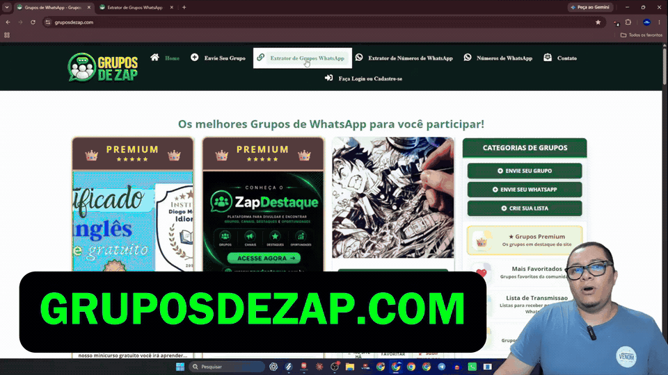Abertura do Extrator de Grupos WhatsApp pelo menu do site Grupos de Zap