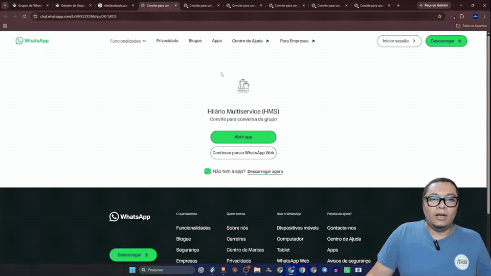 Páginas de convites do WhatsApp exibindo nomes dos grupos para conferir sua relevância