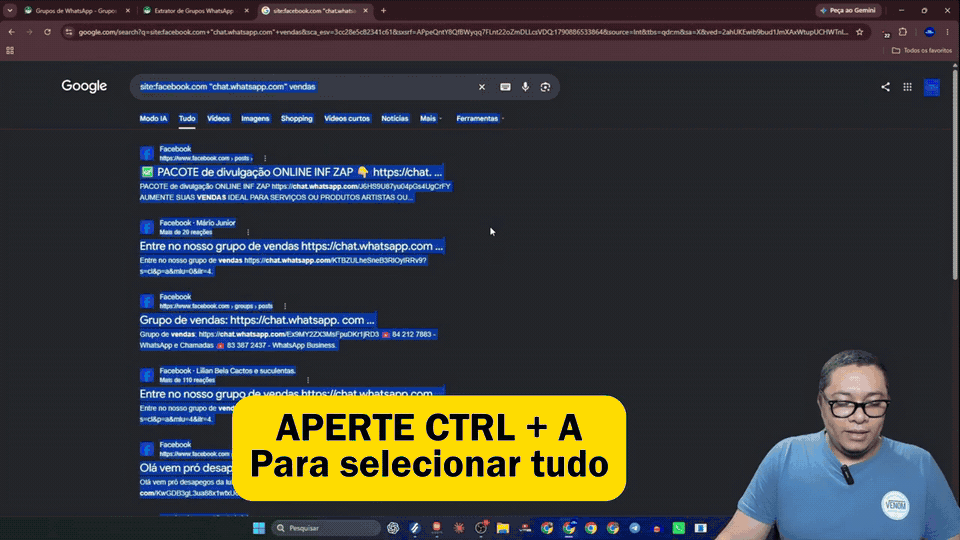 Seleção dos resultados do Google com Ctrl mais A para copiar os links encontrados