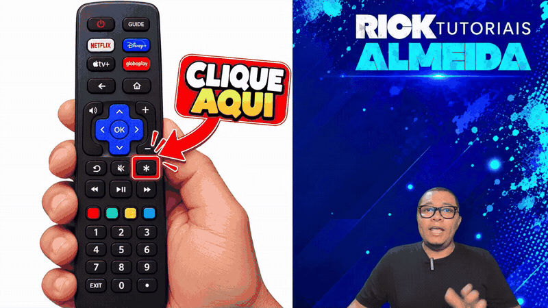 Botão asterisco destacado no controle da Roku TV integrada, seguido do menu Configurações de som